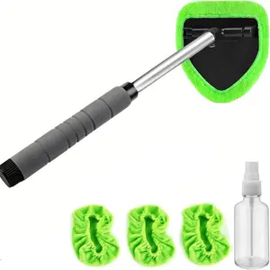 Windshield Cleaner Tool – Car Interior Window Cleaning Kit with Extendable Handle & 3 Microfiber Pads, Auto Wiper Inside Windshield Brush for Car & Home Windows