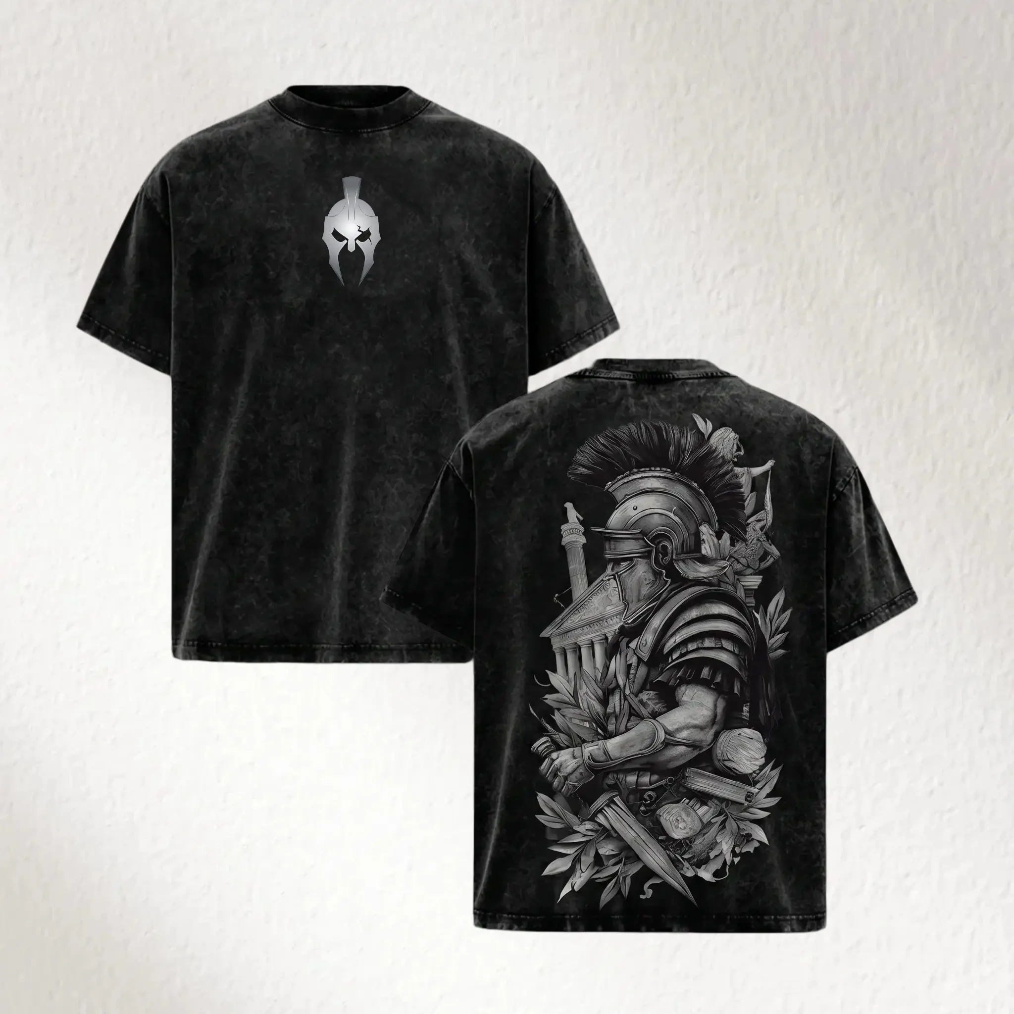 Spartan Warrior - Vintage Washed Graphic Tee Oversized Tshirt Men Streetwear Heavy Cotton Fall Outfits Clothes Men Retro Style Historical Graphic T-Shirt Roman Gladiator Armor Art Vintage Tees Trendy T-Shirts Gift for Men Casual Birthday
