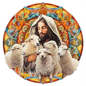 Jesus Shepherd Wooden Jigsaw Puzzle for Adults and Kids Unique Shape Animal Wood Puzzles Challenging Puzzle, Family Game Creative Gifts，Laser-Cut Durable HDF Wood Puzzle