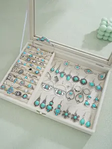 Boho Style Turquoise Texture Decor Luxury Jewelry Set, Jewelry for Women, Fashion Jewelry Including Matching Bracelet & Ring & Earrings Set for Party, Daily, Trendy Vintage Jewelry for Gift, 90s Vintage Jewelry