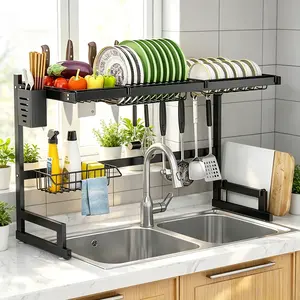 giteo bedding dish drying racks,kitchen organization,Stop Cluttering Your Sink!Over The Sink Dish Drying Rack - 2-Tier Large Stainless Steel Dish Drainer with Full Storage for Plates, Utensils & More