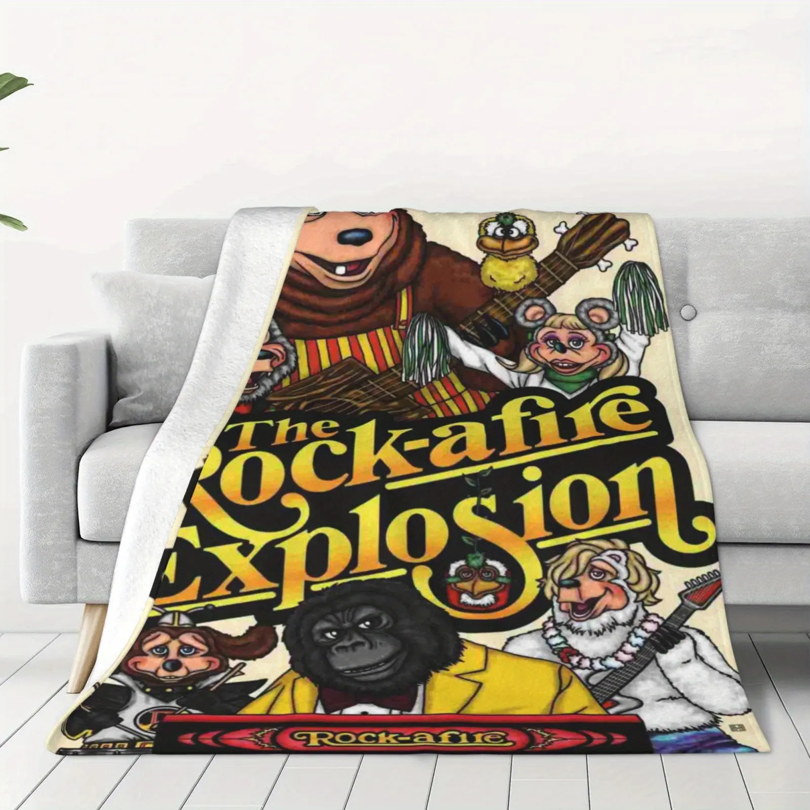 Showbiz Pizza Place Rockafie Explosion Fleece Blanket - Cozy, Soft, Digital Print Polyester Throw with Vibrant Cartoon Characters for Couch, Bed, Travel, Camping |   Lightweight All-Season Comfort & Decorative Design, Pizza Blanket