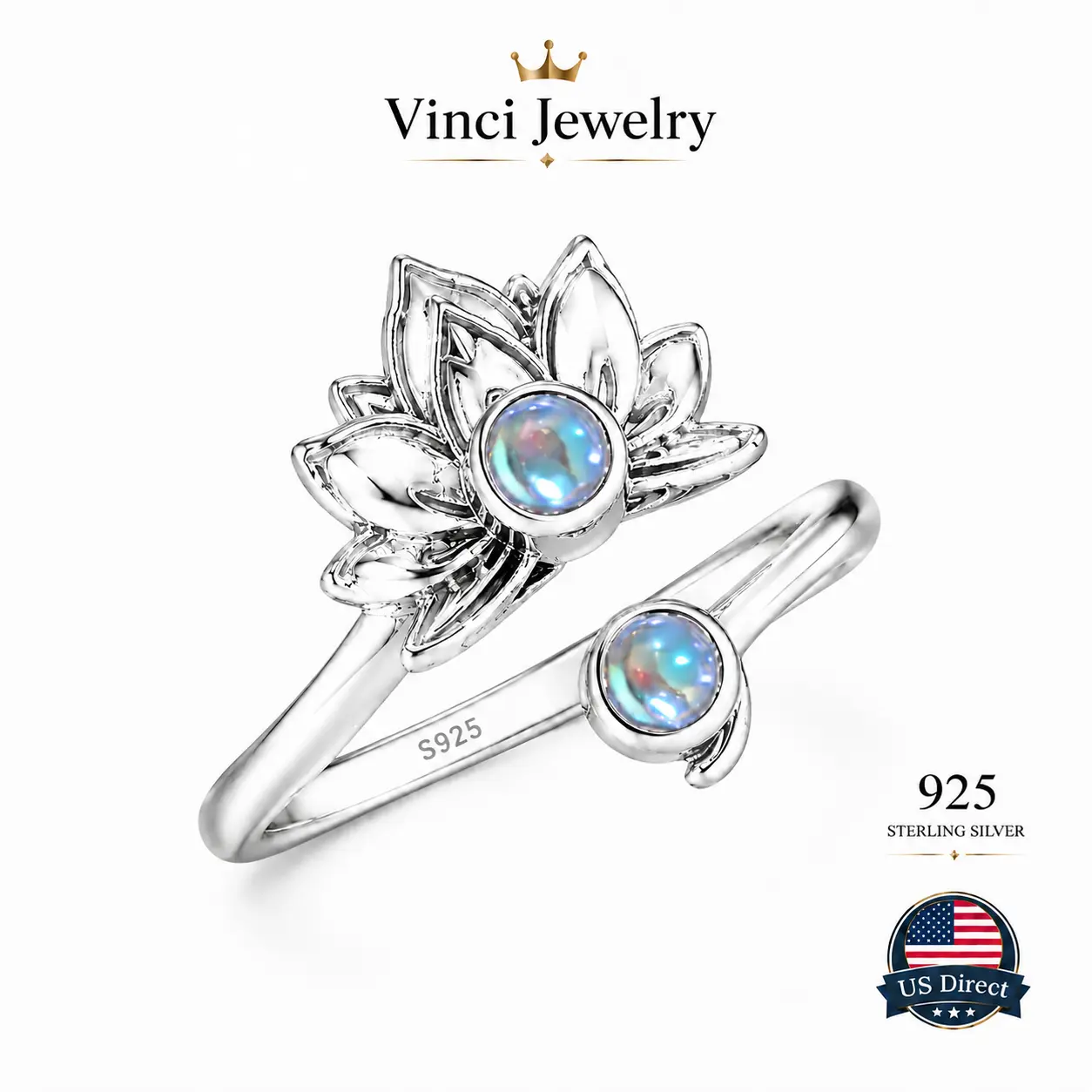 925 sterling silver Boho Lotus Flower Moonstone Adjustable Ring Opal Glow Silver Tone Floral Statement Ring Ethereal Fairycore Aesthetic Jewelry for Women Minimal Luxe Stackable Open Ring Daily Wear Beach Party Wedding Festival Style Gift Her Wear