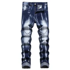 JUNBAOSS Men's Decorated High-Stretch Denim Jeans - Slim Fit, Full-Length, Ripped Distressed Straight Leg, Comfort Flex Waist, Cotton Fabric, Streetwear Style, Hipster Design, Zippered Pockets, Casual Zipper Closure Menswear, Denim Men's Jeans