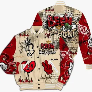 Varsity Jacket: Dunk Low Strawberry Waffle, Been Dif2erent Print Stylish Outfit Jacket Oversized Fit Streetwear Fall Winter Spring Bomber Coat For Men Women Casual Style Gen Z Hip Hop Sports Baseball Outerwear