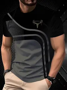 Men's Comfortable Versatile Short Sleeve Shirt, Deer Skull Print Round Neck Fashion Sport T-Shirt, All Seasons Fitted Long Style, Gym T Shirts