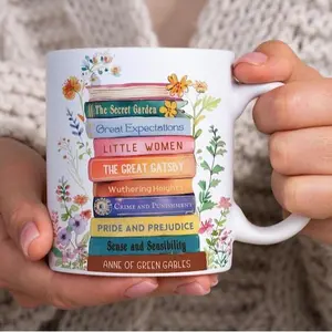 Classic Books Coffee Mug – Floral Book Stack Mug, Book Lover Gift, Reader Tea Cup, Librarian Mug, Cozy Bookworm Coffee Cup