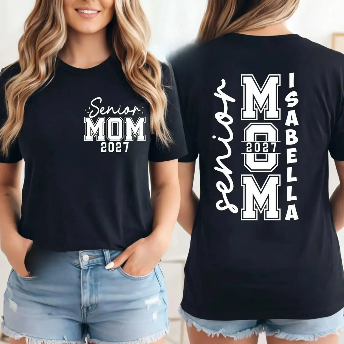 [Leave A Note About Custom Name] Senior Mom 2027 T-Shirt, Class of 2027 Proud Senior Mom Shirt, High School Graduation Mom Tee, Football Baseball Cheer School Spirit Shirt, Graduation Gift for Mothers, Unisex Cotton Graphic T-Shirt