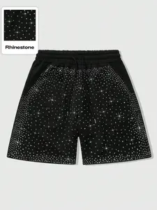 Trendy Men's Black Star Rhinestone Shorts, Elastic Waist Drawstring Casual Bottoms, Edgy Y2K Streetwear Shorts for Street Style & All-Day Daily Wear #MensStreetwearShorts #RhinestoneAestheticFashion #VersatileSummerShorts