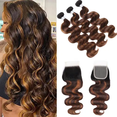 Colored Human Hair Bundles with 4x4 Lace Closure, #FB30 Ombre Wavy Human Hair, Pre-Plucked for Realism, Glueless Fit, Easy Wear Sew-In Extensions