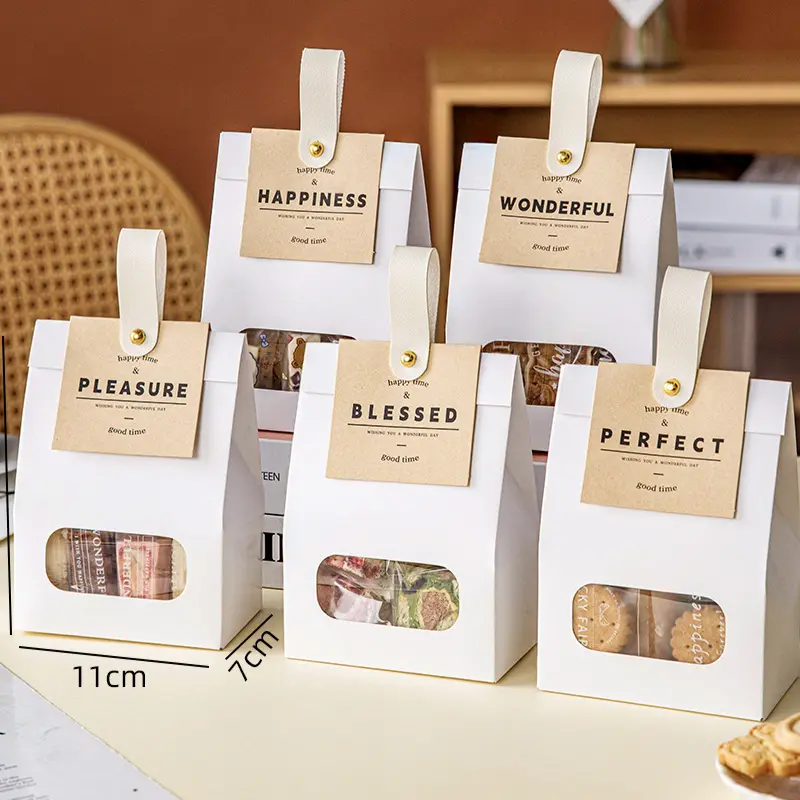 Tired of flimsy paper bags that collapse & ruin gift sales? White & Brown Kraft Bakery Treat Bags With Leather Handle & English Tag, Clear Window For Cookie Nougat Packaging