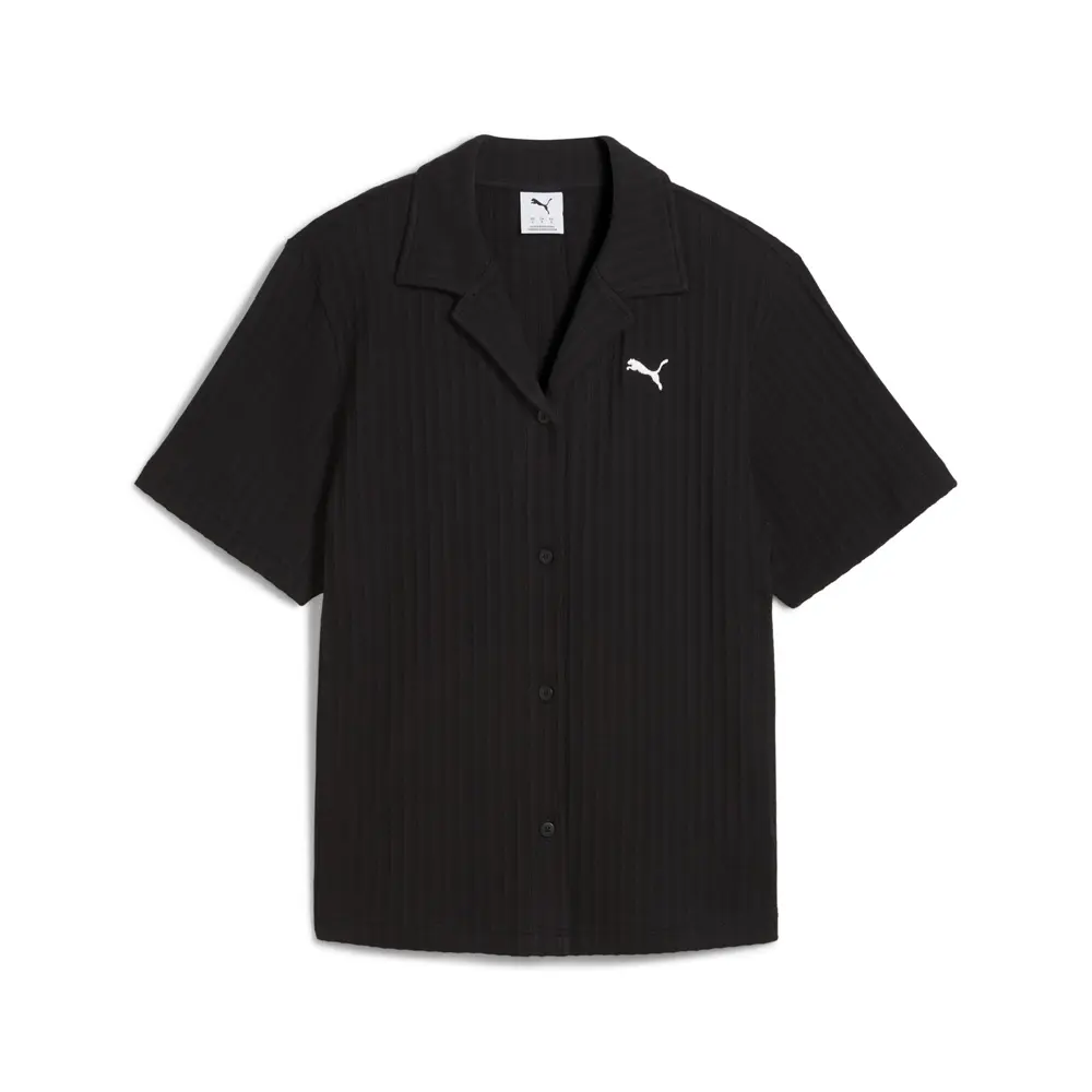 PUMA Womens Wardrobe Essentials Pointelle Short Sleeve Button Up Shirt Casual Tops Casual - Black