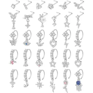 30Pcs 20G Dangle Nose Rings L Shaped Nose Studs Hoops for Women Copper Dangly Nose Rings CZ Flower Star Butterfly Heart Silver Gold Nose Piercing Jewelry