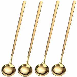 4-Piece Set Of 6.7inch (Approximately 16.9cm ) Coffee/Tea Spoons With Long Handles, Gold Color, Coffee Tea Accessories, Suitable For Iced Tea And Espresso, Stainless Steel Long Spoons For Stirring