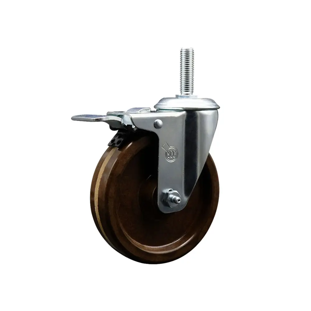 Service Caster SCC-TSTTL20S514-PHRHT-58212 High Temperature Phenolic Swivel Threaded Casters - 5 x 1.25 in. Brown Wheel, 0.63 in. Stem, Total Locking Brake, 300 lbs Capacity, Durability Under Any Condition, for Commercial Bakery Carts, Material Handling
