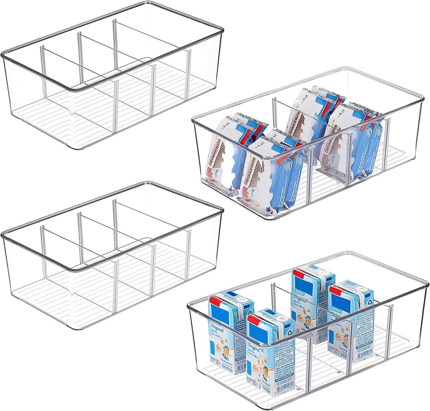 4 Pack Food Storage Organizer Bins, Clear Plastic Bins for Pantry, Kitchen, Fridge, Cabinet Organization and Storage, 4 Compartment Holder Packets, Snacks, Pouches, Spice Packets