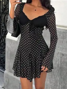 Elegant Series Lace Patchwork Polka Dot Sheer Long Sleeve A-Line Mesh Dress, Women's Spring Summer Fashion Short Dress