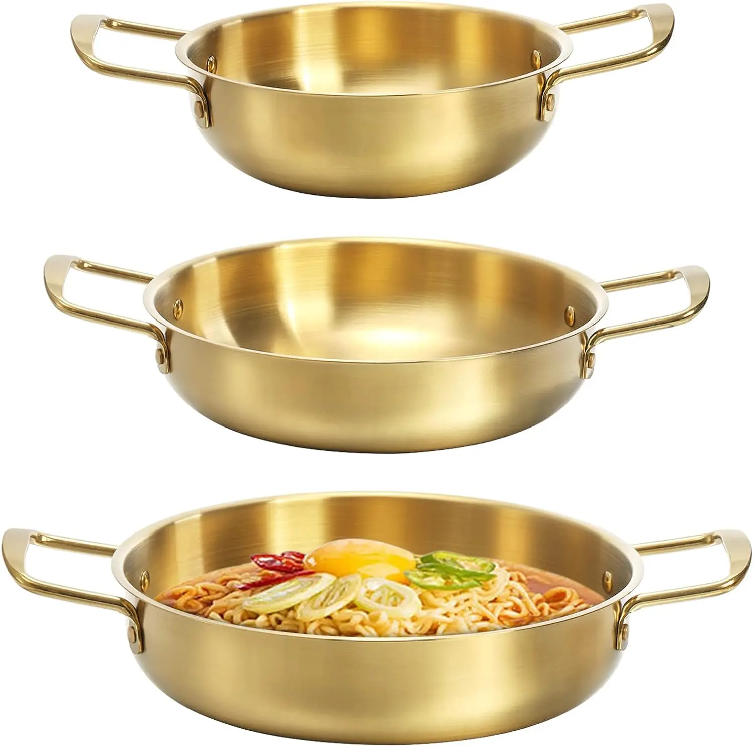 Gold Stainless Steel 3-Piece Pots and Pans Set - Varied Sizes (18/20/22cm) Stovetop Cookware with Double-Handle Korean Ramen Noodle Pot, for Home Soup Use, Dishwasher Safe