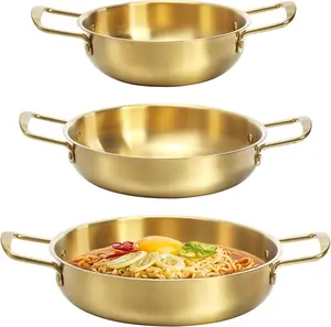3-Piece Gold Noodle Pot Set, Stainless Steel Korean Ramen Pot with Double Handles, Everyday Cooking Pan for Soups & Pasta, Home & Outdoor Camping Use, Dishwasher Safe (18/20/22cm) Cookware
