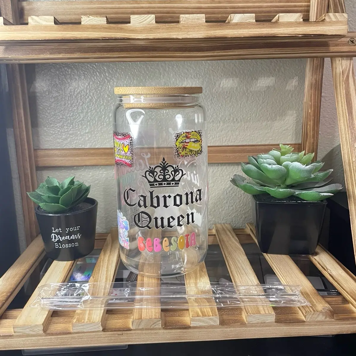 Cabrona queen -16 oz Glass coffee cup, glass straw, straw brush and bamboo lid.