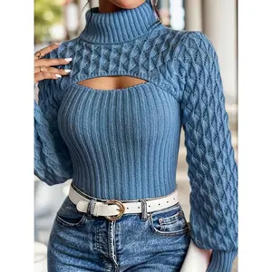 beauty of girl0123 Light Blue High Neck Lantern Sleeve Top Casual French Style Hollow Out Cable Rib Pattern Slim Fit Pullover