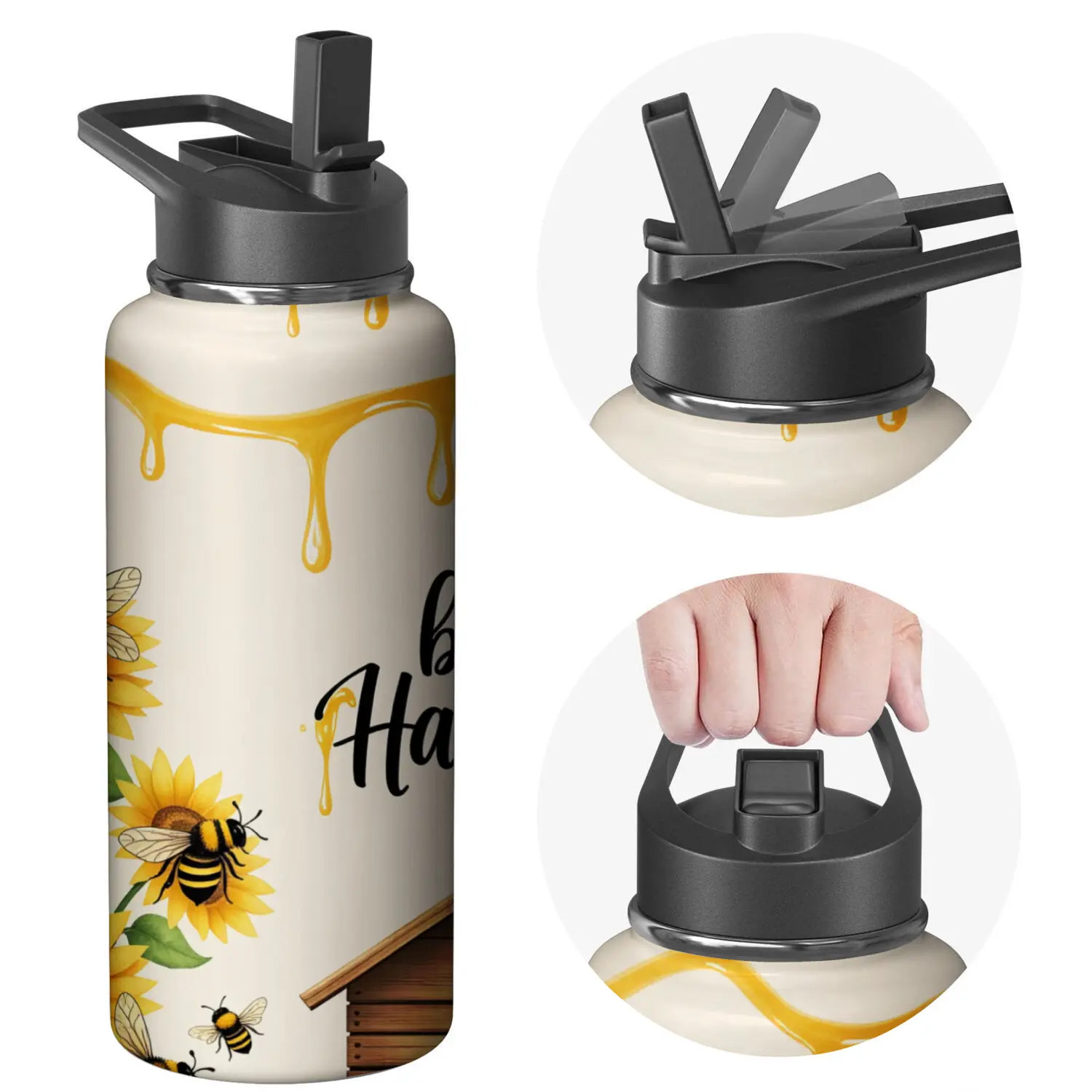 Stainless Steel Water Bottle with Flip Lid - Cream Color with Honey Drip, Sunflower & Bee Print and Honey Text - Ideal for Outdoor Activities, Gym, Hiking, and Daily Use