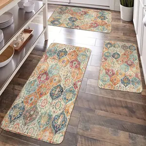 JIT 1/2/3 pcs of flannel vintage-style flower multi-scene carpet. Carpet decoration gift. Kitchen carpet set. Flannel bedside set floor mat. Anti-slip washable bedside soft carpet. Suitable for kitchen, laundry room, corridor floors. Running pad carpet.