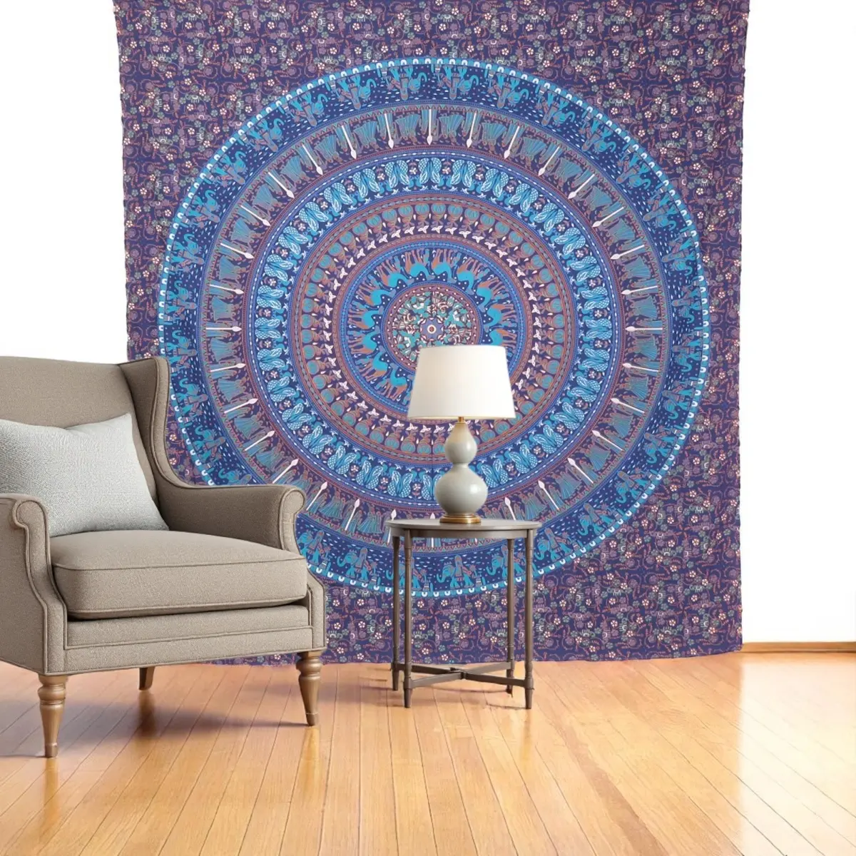 360 stand Handmade Bohemian Cotton Hanging Tapestry Wall Mural, Sky Blue & Purple Mandala, 92x84 in Large Size, Wall Decoration for Nature-Inspired Rooms, Indoor/Outdoor Home Decor, Decorative, Wall Tapestries