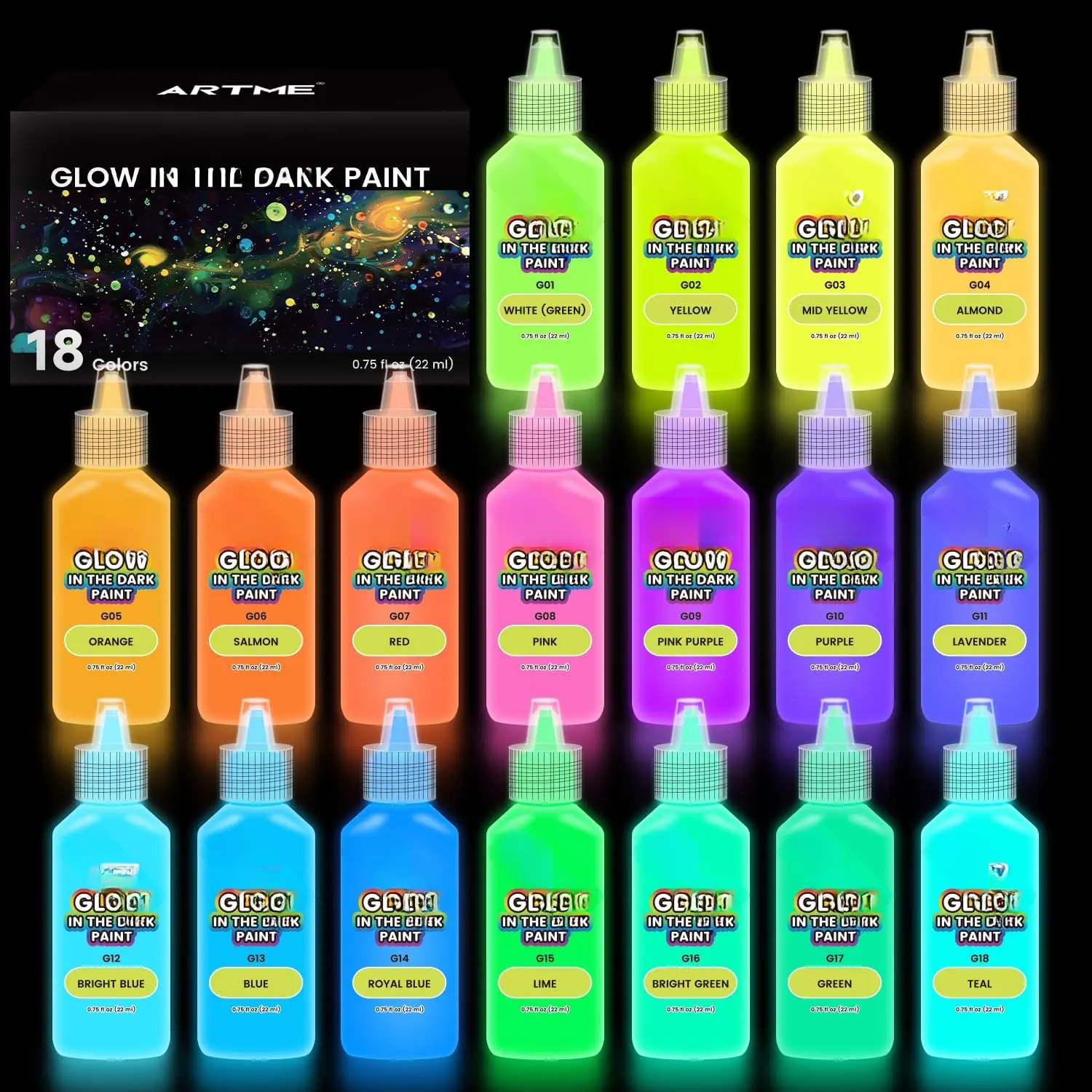 Glow in The Dark , 18 Bright Colors 22ml/0.75oz Blacklight  Set, Neon Craft Paints, Glow Fluorescent  Paints  for DIY projects, Halloween and Christmas Decorations