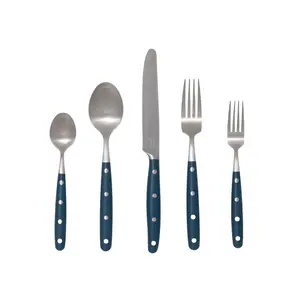 Five Piece Stainless Steel Paris Bistro Style Flatware Set with Navy Handles