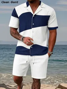 Clean Gent Men’s Colorblock Polo Shirt and Drawstring Waist Shorts Set, Comfortable Breathable Two-Piece Outfit for Everyday Outdoor Wear, Summer Menswear