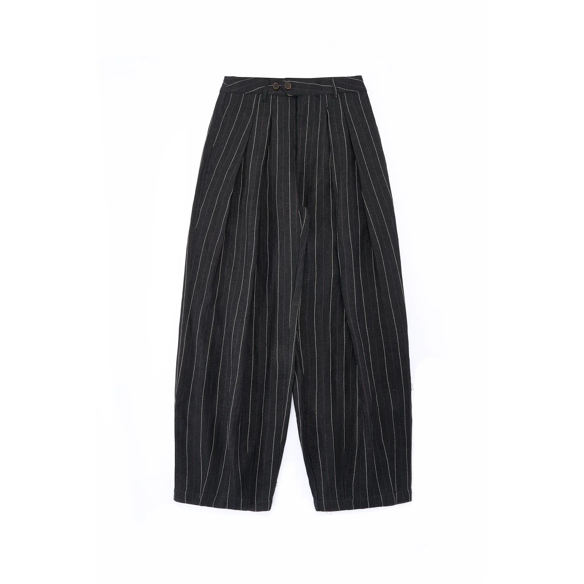 Pleated Barrel Leg Pants - Black Pinstripe