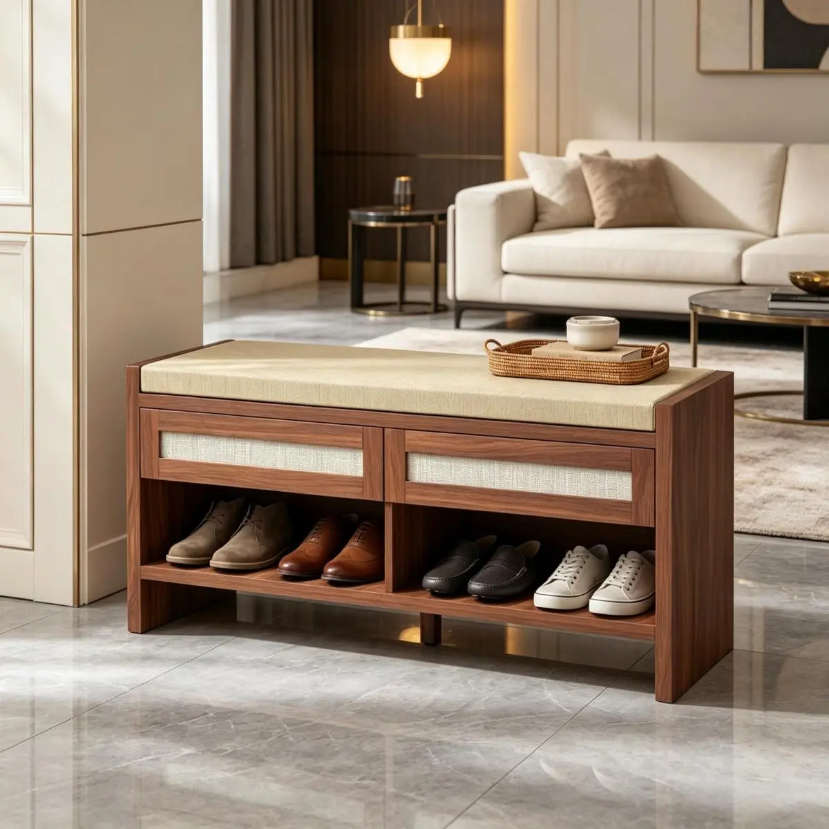 Brown Shoe Bench with Cushioned Seat, 2 Rattan Drawers and Open Storage Shelf On-Site