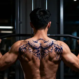 4 Pieces Semi-Permanent Long Lasting Centerpiece Collection Herbal Chest & Upper Back Tattoo Set Sensitive Skin Safe Designs Grand Angel Wings Tribal Emblem for Women and Men