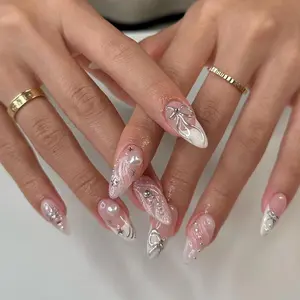 3D Heart & Bow Decor Almond Fake Nail, 24pcs/set French Style Press on Nails with Tools for Women & Girls DIY Nail Art, Elegant Stick on Nails Kit
