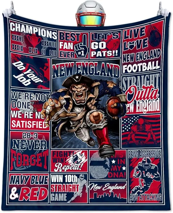 New England Flannel Blanket, Navy Red Football Fan Throw Blanket, Patriots Inspired Blanket, Soft Cozy Throw for Sofa Couch Bed, Game Day Home Decor, Vintage Football Lover Gift for Men Women, Warm Flannel Blanket, New England Fan Gift