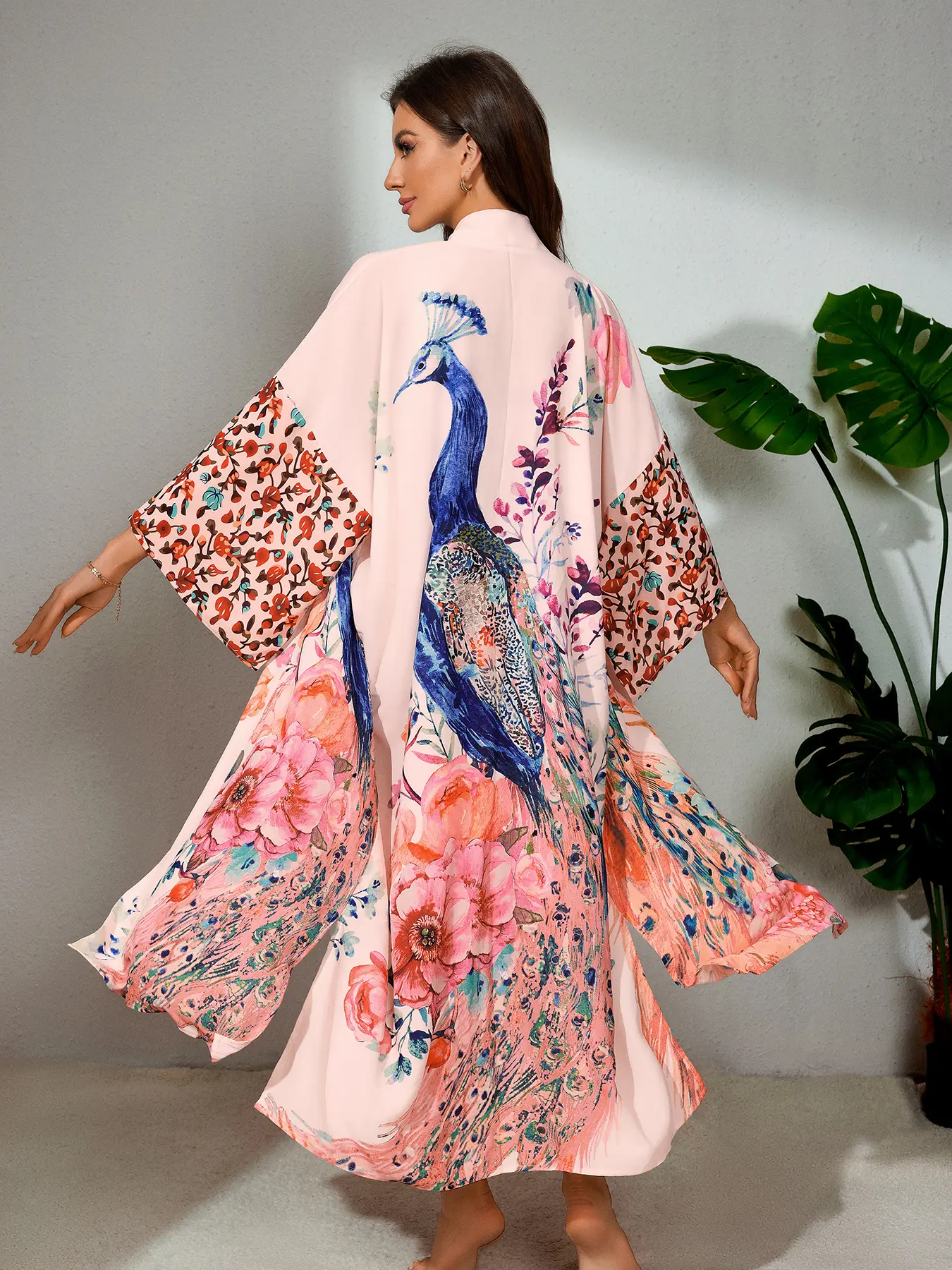 Women's Loose Oversized Lightweight Woven Kimono Cardigan with Waist Belt, Peacock & Floral Print, Casual Boho Bohemian Summer Beachwear, Ladies Half Sleeve Bathrobe Style Top, Womenswear Clothes