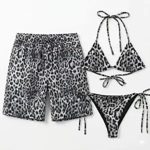 Grey Leopard Couple Swimsuit, Couple Swimwear Set, 2-Piece Women's Bikini + Men's Summer Shorts, Matching Safari Beachwear Set