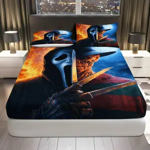 3Pcs Horror Movie Night Fitted Sheet Three Piece Set (1*Fitted Sheet+2*Pillowcases, Coreless), Halloween theme, Scary Character Bedding Set, Mattress protector Soft, Breathable