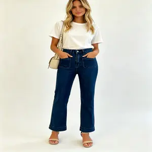 Women's Dark Wash High Waisted Stretchy Straight Wide Leg Denim Jeans with Patch Pockets, Womenswear Bottom Trousers