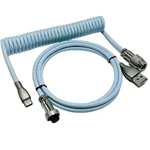 USB C Coiled Keyboard  - Gaming Keyboard Coil Cord ,Custom Type Braided Mechanical Keyboard  With Detachable Metal Aviator Wire, 1.5M USB-C to USB-A, Computer Decoration Keyboard Wire Blue
