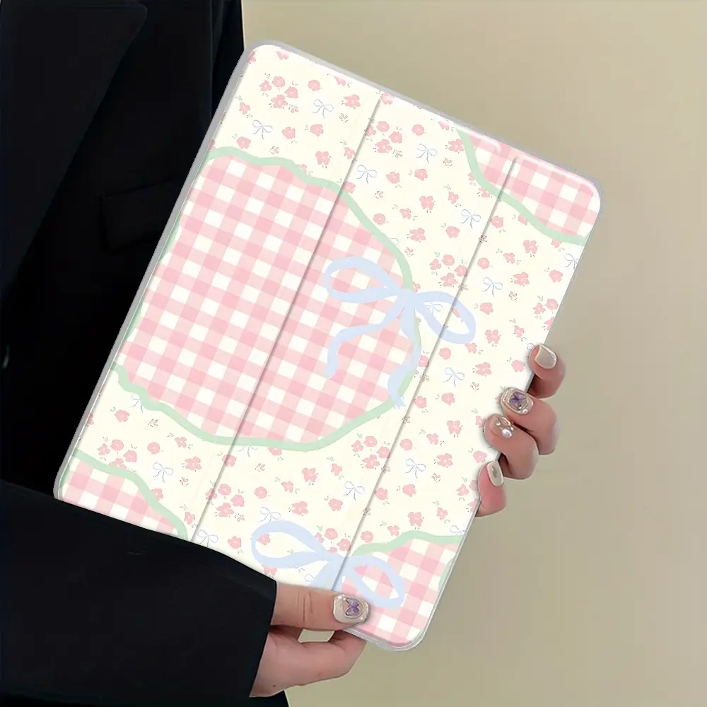 Y2K Gingham Flowers Bow Design iPad Case Transparent Acrylic Hard Back Panel With Pencil Slot，Suitable for Ipad mini pro air. Scratch-resistant Ultra-thin Protective Case, Shock-resistant Full Cover Protective Case Suitable for Offices Schools and Homes