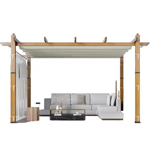 Garvee Retractable Canopy Pergola – Aluminum Patio Gazebo with Side Mesh, Faux Wood Grain, UV Resistant, Modern Grape Trellis for Deck, Backyard, Porch, Poolside – 10x13FT – Imitation Wood Grain