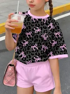 Summer Fashion Girls Casual Simple Short Sleeve Top and Shorts Set, Bow Print Design, Loose-Fitting, Perfect for Summer Wear, Leopard Print Set