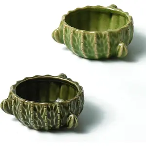 2 Packs Cactus Ceramic Hamster Food & Water Bowls Feeding Drinking Dish for Small Animals Gerbil Dwarf Hamster Rat Mice Guinea Pig (Green+Dark Green)