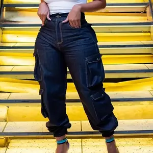 Women'S High-Waist Stretch Denim Cargo Pants with Flap Pockets, Y2K Streetwear Loose Fit Long Jeans, Black, Elegant Design for Spring/Summer, Versatile Clothing | Y2K Streetwear Pants | Comfortable Fit Womenswear Bottom