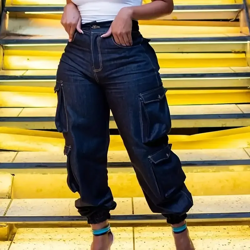Women'S High-Waist Stretch Denim Cargo Pants with Flap Pockets, Y2K Streetwear Loose Fit Long Jeans, Black, Elegant Design for Spring/Summer, Versatile Clothing | Y2K Streetwear Pants | Comfortable Fit Womenswear Bottom