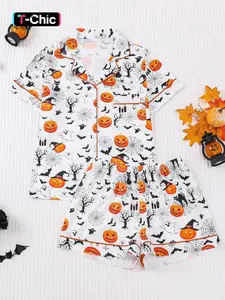 2 pieces of women's Halloween pumpkin monster witch ghost bat print short sleeved shorts comfortable lapel pajama set knitted top pocket elastic waistband suitable for all seasons casual classic home wear