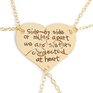 3 counts Best Friends Forever Engraved Necklace Broken Heart Charm Pendant Set BFF Friendship Necklace (Gold - We are sisters connected at heart)