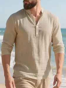 Men's Casual Trendy V Neck Long Sleeve Linen Henley Shirt, Breathable Relaxed Fit Top for Everyday Wear, Stylish European and American Fashion